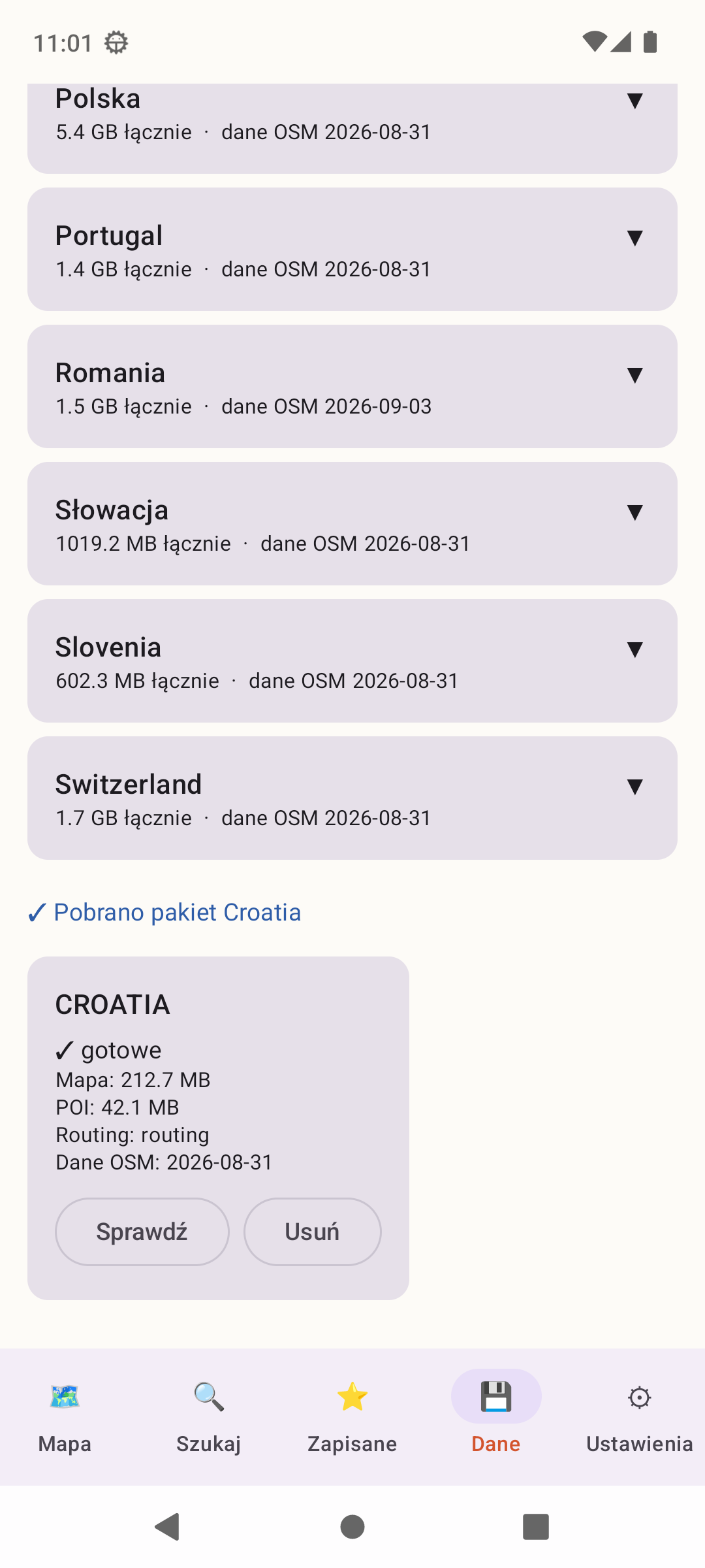 Menedżer pakietów krajów z rozmiarami i datą danych OSM