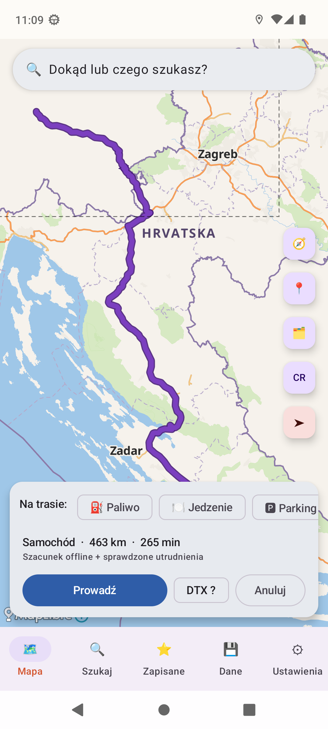 Trasa Zagrzeb–Zadar wyznaczona offline, 463 km, z filtrem obiektów na trasie